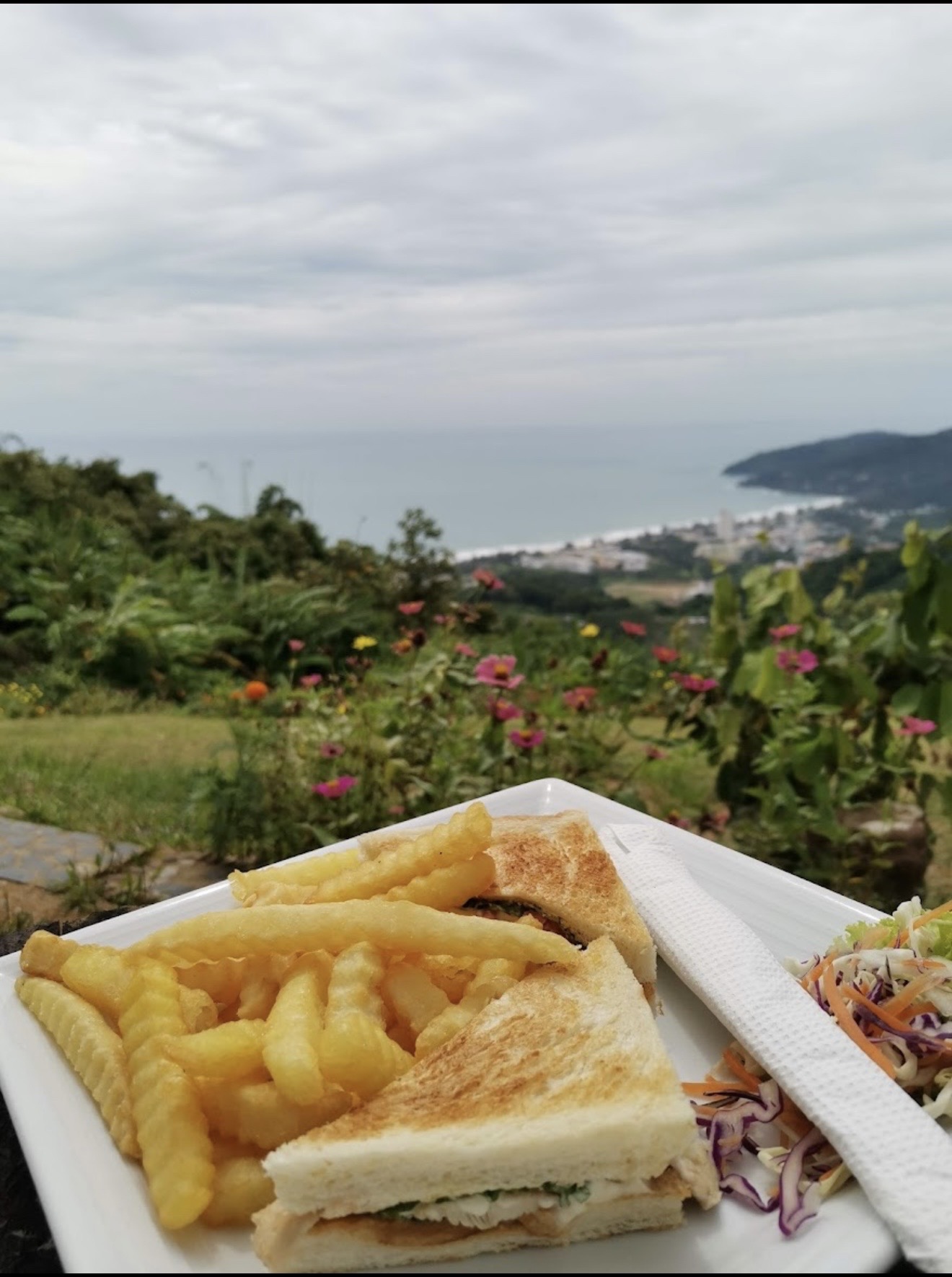 Club sandwich and fries with sea view