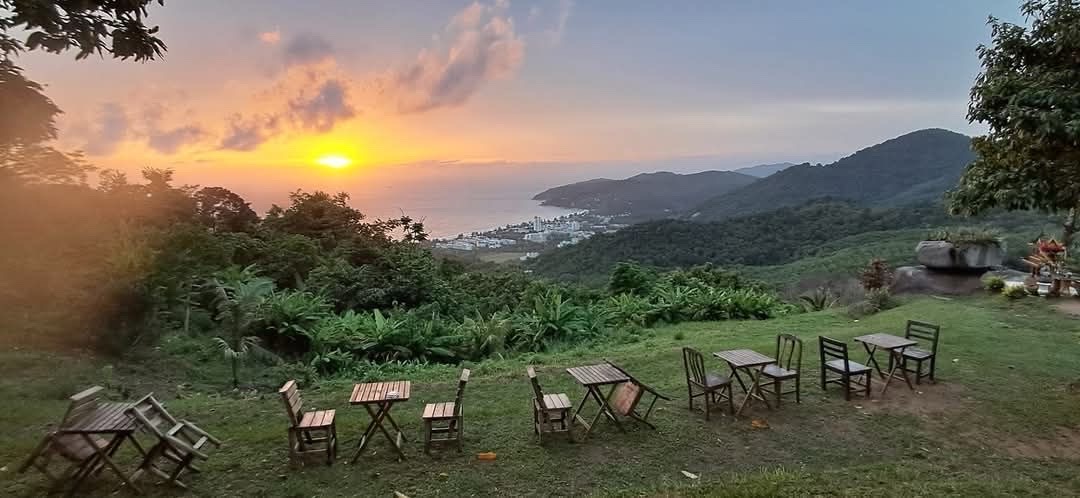 Outdoor tables at sunset